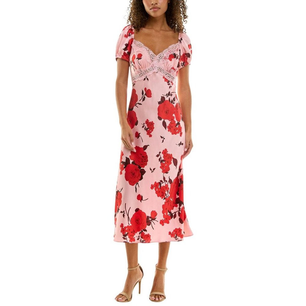 NWT B. Darlin Floral Print Satin Puff Sleeve Midi Dress Pink / Red Multi 5 / 6 - Picture 1 of 11
